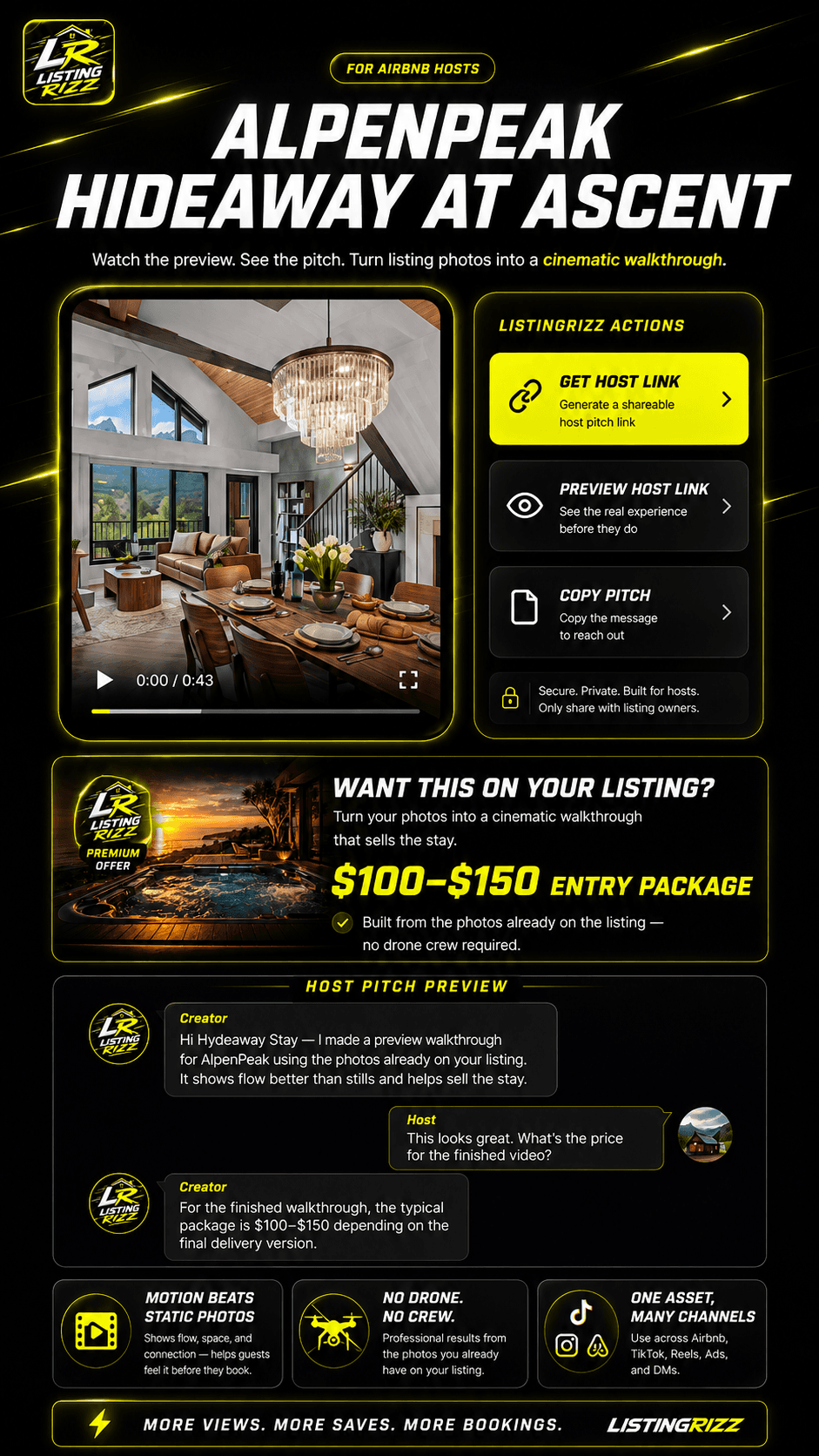 Host pack with pitch link and $100–$150 entry package